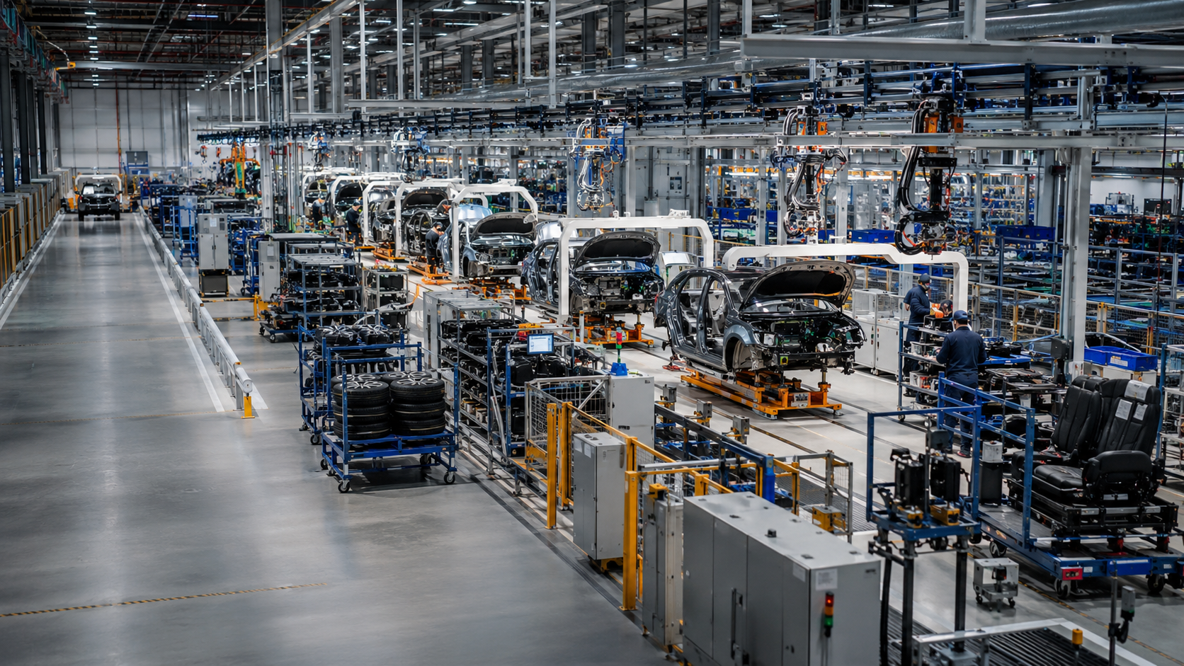 Visão de uma linha de montagem de veículos, com carrocerias e estações de trabalho na indústria automotiva.