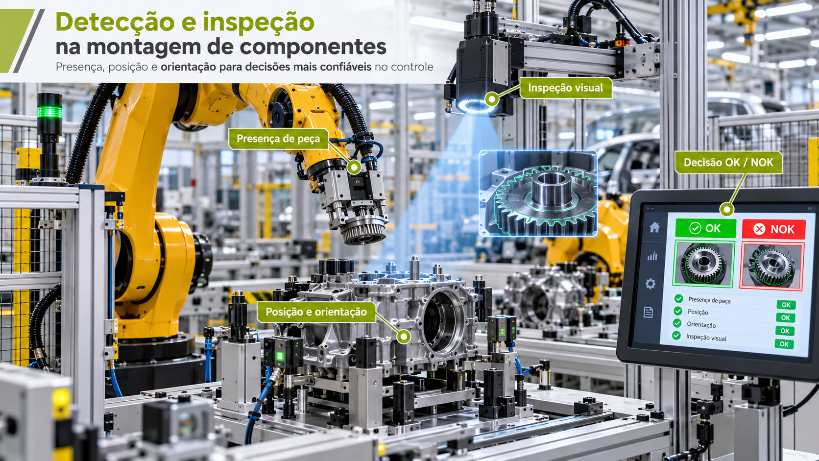 Ilustração de inspeção de componentes automotivos, com detecção de peça na garra, verificação de posição e câmera de visão na estação.