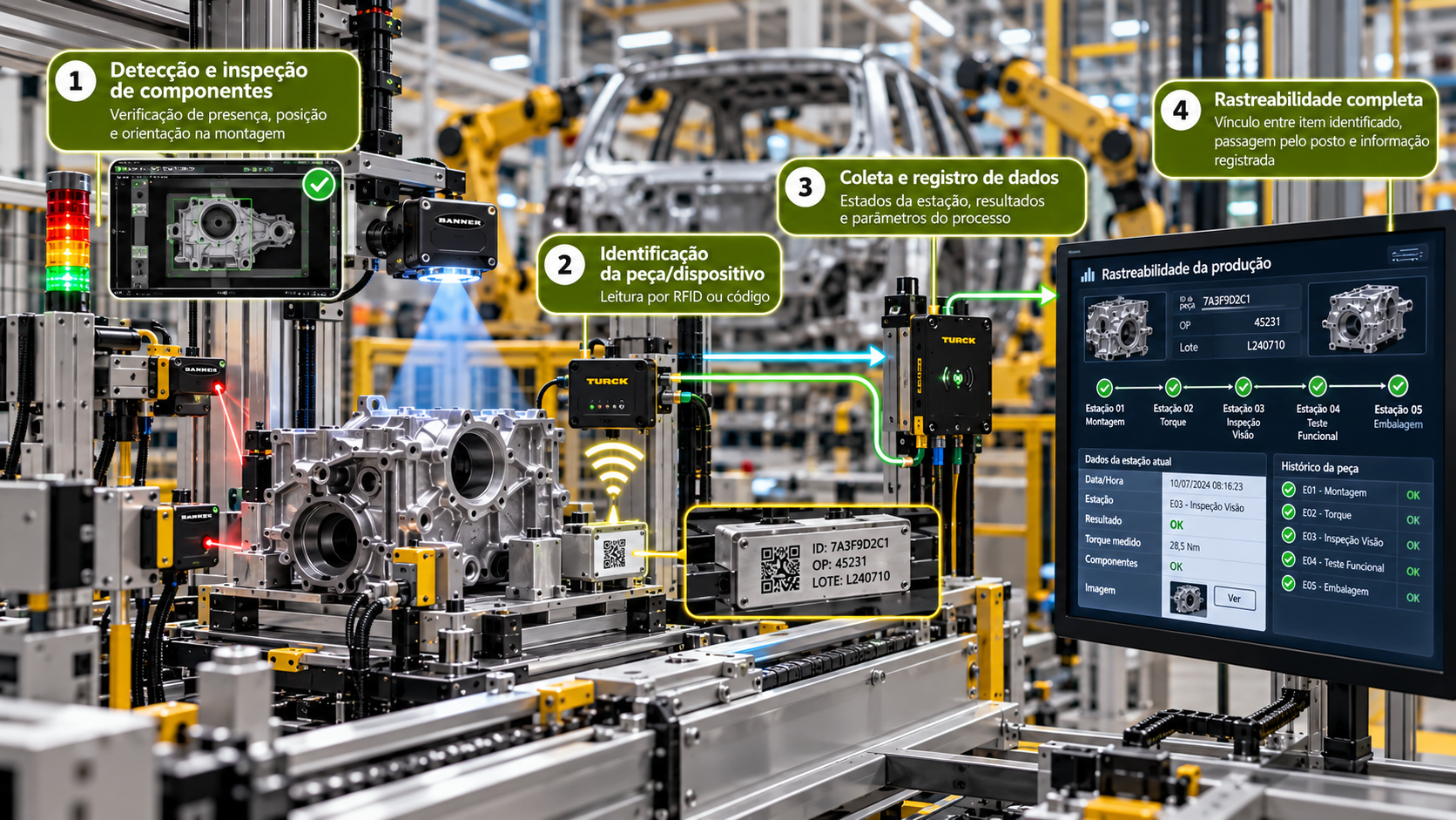 Ilustração conceitual da identificação de componentes por RFID ou código e associação aos dados das estações de produção automotiva.